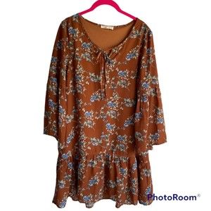 ENTRO Rust Brown Ladies Floral Bohemian Babydoll Fall Dress, M